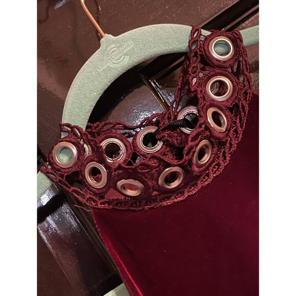 Studded Merlot Red Velvet Halter Babydoll Top - EUC - Size S - Picture 8 of 11